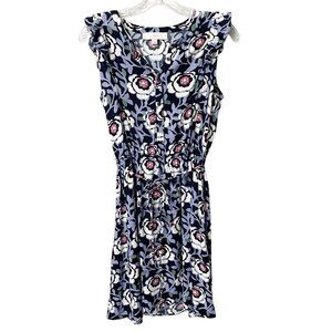 Ann Taylor Loft Floral Elastic Tie Waist Dress Women’s Size Small Tall Dark Blue